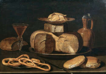 Stilleben mit Käse, Krug, Brezeln, Brot und Wein. Clara Peeters