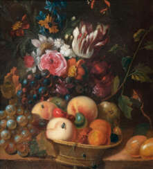 Paar Gegenstücke: Stilleben mit Früchten und Blumen. Abraham van Calraet