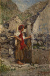 "Alla fonte" | olio su tela (cm 60x40) | Firmato in basso a destra | Al retro: cartiglio | In cornice | | Provenienza | Galleria d'Arte Montecatini Terme