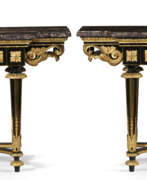Рене Дюбуа. A PAIR OF LATE LOUIS XV ORMOLU-MOUNTED EBONY CONSOLE TABLES