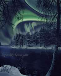 пейзаж зима северное сияние зимний лес