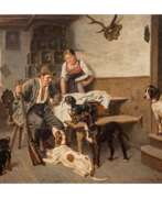 Adolf Eberle. EBERLE, ADOLF (1843-1914) "Hunter with his dogs in the parlor" 1893