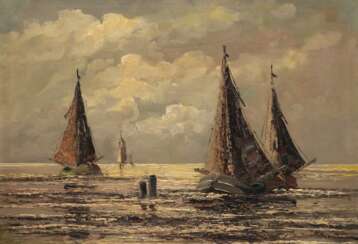 Unbekannter Maler &quot;Fischerboote in der Abendsonne&quot;, Öl/ Lw., undeutl. sign. u.r., 60x80 cm, Rahmen