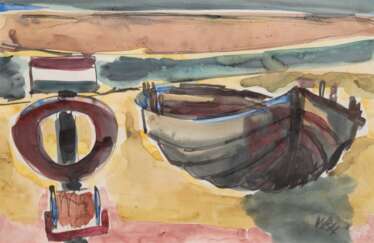 Huth, Willy Robert (1890 Erfurt-1977 Amrum) &quot;Boote am Strand&quot;, Aquarell, sign. u.r., 28x40 cm, im Passepartout hinter Glas und Rahmen