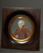 Objects of vertu. Miniatur in lupenfeiner Malerei &quot;Portrait des Marquis de la Popelinière&quot;, m.r. sign. Honnim (?), 18.Jh., Gouache auf Elfenbein, Ø 8,5cm, (m.R. 13x13cm), Genehmigung nach Art. 10d VO (EG 338/97) liegt vor (kein …
