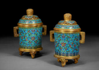 A PAIR OF CLOISONN&#201; ENAMEL TAPERING CYLINDRICAL TRIPOD CENSERS AND COVERS