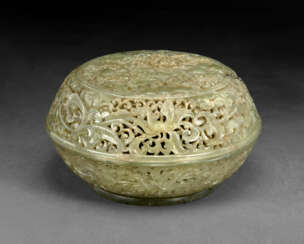 A WELL-CARVED PALE GREY-GREEN JADE RETICULATED PARFUMIER AND COVER