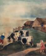 Изобразительное искусство. Alifo (Alice Brasse Forstmann 1903-1990) &quot;Russisches Dorf mit Kühen an der Tränke&quot;, Aquarell, sign. u.r. und dat. ´38, 37,5x39 cm, ungerahmt