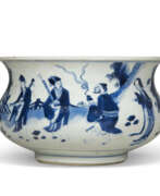 Porcelain. A CHINESE BLUE AND WHITE PORCELAIN BOMB&#201;-FORM CENSER