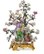 Porcelain. A LOUIS XV ORMOLU AND TOLE-PEINTE-MOUNTED DERBY PORCELAIN CHINOISERIE FIGURE GROUP EMBLEMATIC OF TASTE