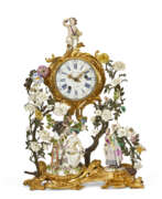 Porcelain. A LOUIS XV MEISSEN AND FRENCH PORCELAIN-MOUNTED ORMOLU AND TOLE PEINTE MANTEL CLOCK