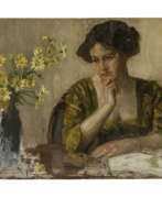Übersicht. Robert Knoebel. Nachdenkliche junge Frau mit Blumenvase mit Margeriten