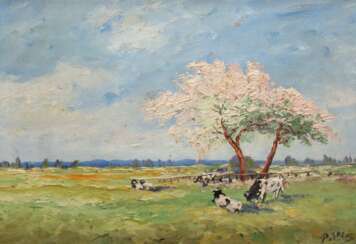 Stöver, Paula (1918 Bremen-1982 Worpswede) &amp;quot;Blühende Apfelbäume auf Kuhweide&amp;quot;, Öl/ Holz, sign. u.r., 34,5-45,5 cm, Rahmen