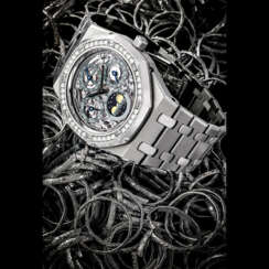 AUDEMARS PIGUET. A RARE AND ATTRACTIVE STAINLESS STEEL, PLATINUM AND DIAMOND-SET SEMI-SKELETONISED AUTOMATIC PERPETUAL CALENDAR WRISTWATCH WITH MOON PHASES, LEAP YEAR INDICATION AND BRACELET