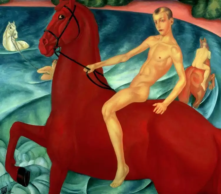 Famous Russian artists. Kuzma Petrov-Vodkin. Bathing a red horse, 1912 Famous Russian artists. Kuzma Petrov-Vodkin. Bathing a red horse, 1912