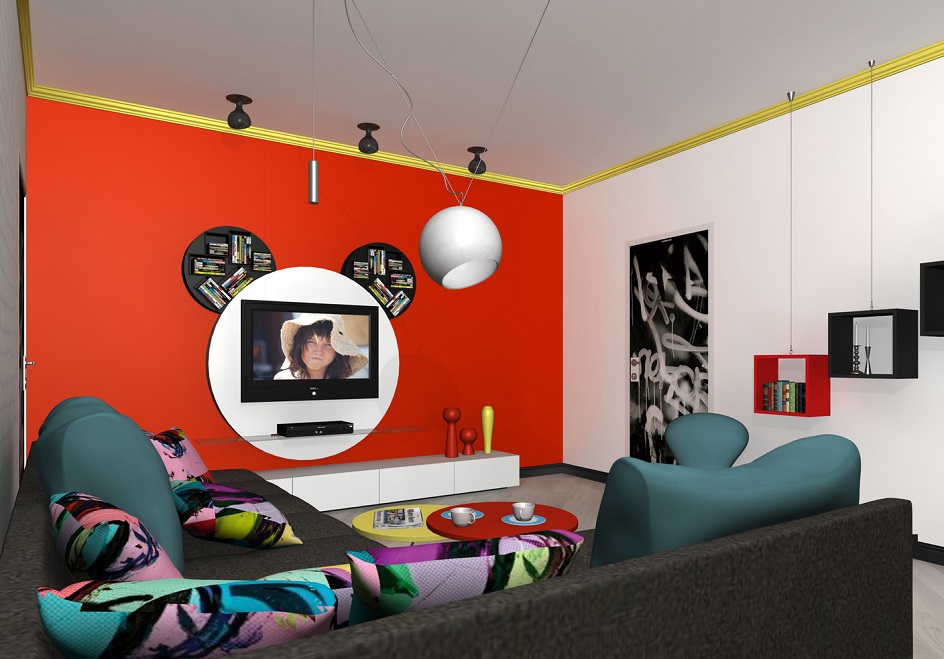 Стиль поп-арт в интерьере. Комната с красной стеной в стиле поп-арт