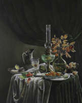 Натюрморт с мидиями, физалисом и лаймом.