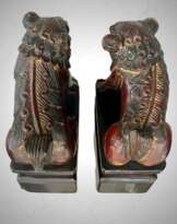 19th Century Pair of Chinese Guardian Lions in Red and Gold Lacquer 19th Century Pair of Chinese Guardian Lions in Red and Gold Lacquer