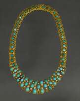 Gold necklace with diamonds and turquoise