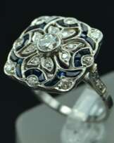 Platinum art-deco style ring with diamonds and sapphires