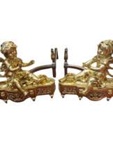 19th Century Pair of Putti Andirons in Gilt Bronze