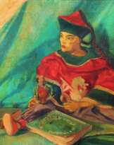 CHINESE MARIONETTE AND BOOKS. OIL ON CANVAS. SIGNED. SPAIN. 1947 CHINESE MARIONETTE AND BOOKS. OIL ON CANVAS. SIGNED. SPAIN. 1947