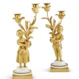 A PAIR OF LOUIS XVI ORMOLU AND WHITE MARBLE TWO-LIGHT CANDELABRA - фото 1