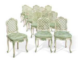 A SET OF TWELVE LOUIS XV GREEN AND WHITE-PAINTED CANED CHAISES