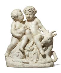 A FRENCH WHITE MARBLE FIGURAL GROUP OF TWO CHERUBS
