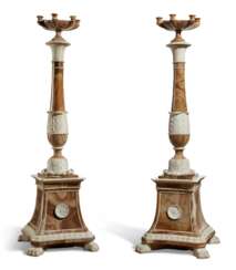A PAIR OF ITALIAN ALABASTRO FIORITO AND WHITE MARBLE SIX-LIGHT TORCHERES