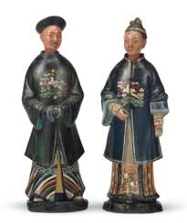 A PAIR OF CHINESE EXPORT POLYCHROME-PAINTED CLAY NODDING FIGURES