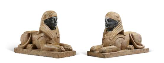 A PAIR OF VEINED YELLOW AND GREY MARBLE SPHINXES - photo 2