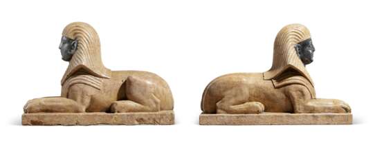 A PAIR OF VEINED YELLOW AND GREY MARBLE SPHINXES - photo 4