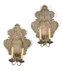 A PAIR OF GERMAN SILVERED-BRASS TWIN-BRANCH WALL-LIGHTS