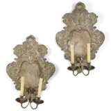 A PAIR OF GERMAN SILVERED-BRASS TWIN-BRANCH WALL-LIGHTS - photo 1