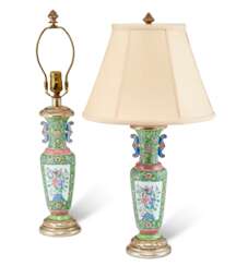 A PAIR OF CHINESE ENAMEL-ON-COPPER VASES, MOUNTED AS LAMPS