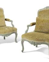 A PAIR OF LOUIS XV BLUE-PAINTED FAUTEUILS