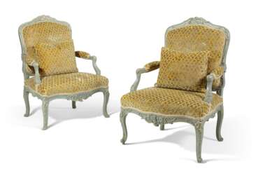 A PAIR OF LOUIS XV BLUE-PAINTED FAUTEUILS
