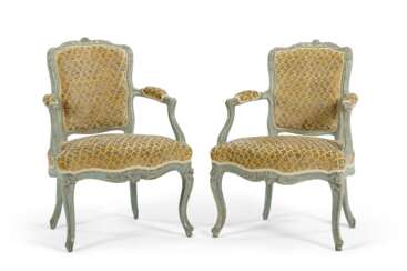 A PAIR OF LOUIS XV BLUE-PAINTED FAUTEUILS