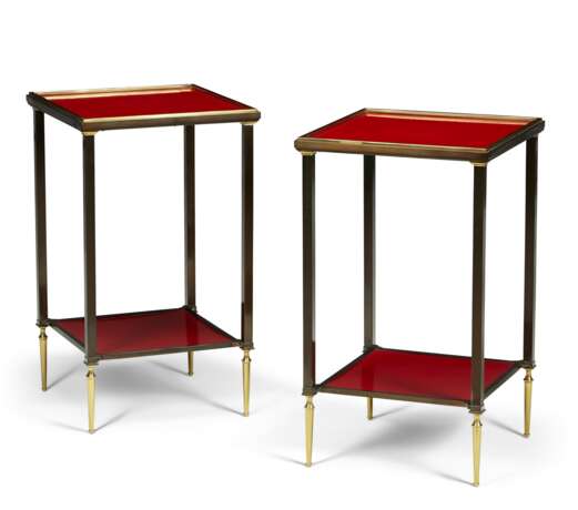 A PAIR OF FRENCH PATINATED AND GILT-BRONZE TWO-TIER RED COMPOSITION SQUARE SMALL TABLES - фото 1