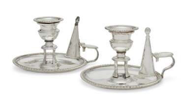 A PAIR OF SHEFFIELD-PLATED CHAMBER CANDLESTICKS
