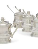 A SET OF FOUR FRENCH SILVER MUSTARD POTS AND MATCHING SHOVELS