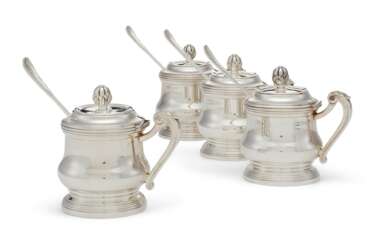 A SET OF FOUR FRENCH SILVER MUSTARD POTS AND MATCHING SHOVELS