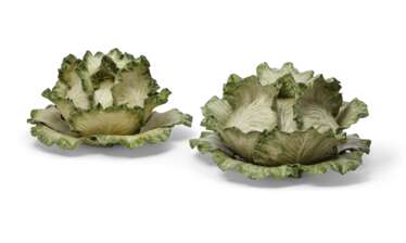 TWO VLADIMIR KANEVSKY CERAMIC CABBAGE TUREENS, COVERS AND STANDS