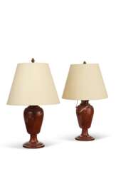 A PAIR OF ROUGE MARBLE URNS, MOUNTED AS LAMPS