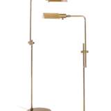 A PAIR OF BRASS ADJUSTABLE FLOOR LAMPS WITH TENT-FORM BRASS SHADES - photo 1
