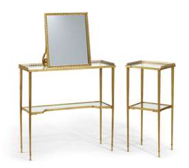TWO GILT-METAL AND GLASS TWO-TIERED SIDE TABLES