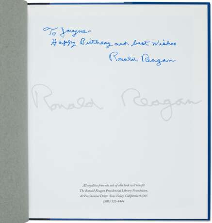 RYAN, Frederick. Ronald Reagan: The Wisdom and Humor of the Great Communicator. San Francisco: Collins, 1995.Inscribed by Ronald Reagan to Mrs. Wrightsman: “To Jayne / Happy Birthday and very best wishes / Ronald Reagan.” Quarto (227 x 201mm). Original pu - photo 1