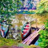 Painting “Boats at the pier”, Cardboard, Oil paint, Impressionist, Landscape painting, 2020 - photo 1