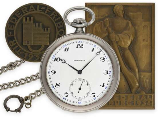 Taschenuhr: gesuchte Longines Schützenuhr Tir Federal Fribourg 1934 mit Silberkette und 2 dazugehörigen Auszeichnungen/Medaillen - Foto 1